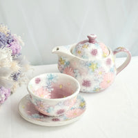 Seto Ware Flower Teapot and Tea cup with Saucer - Purple
