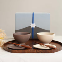 SAKUZAN Sara Gift B Set (2 Rice Bowls & 2 Small Oval Plates) - Cream x Brown