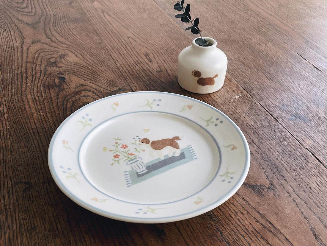 Buncho Pottery 7寸/St. Bernard and flower pasta dish