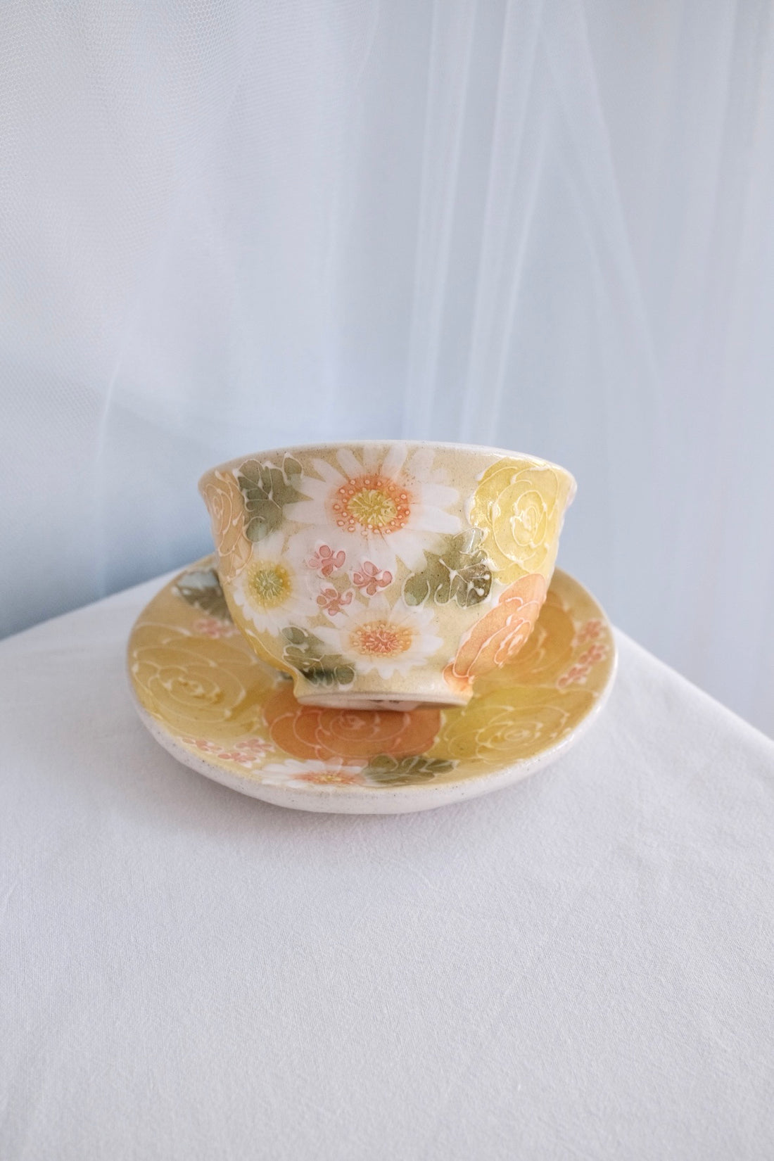 Seto Ware Flower Teapot and Tea cup with Saucer -Yellow