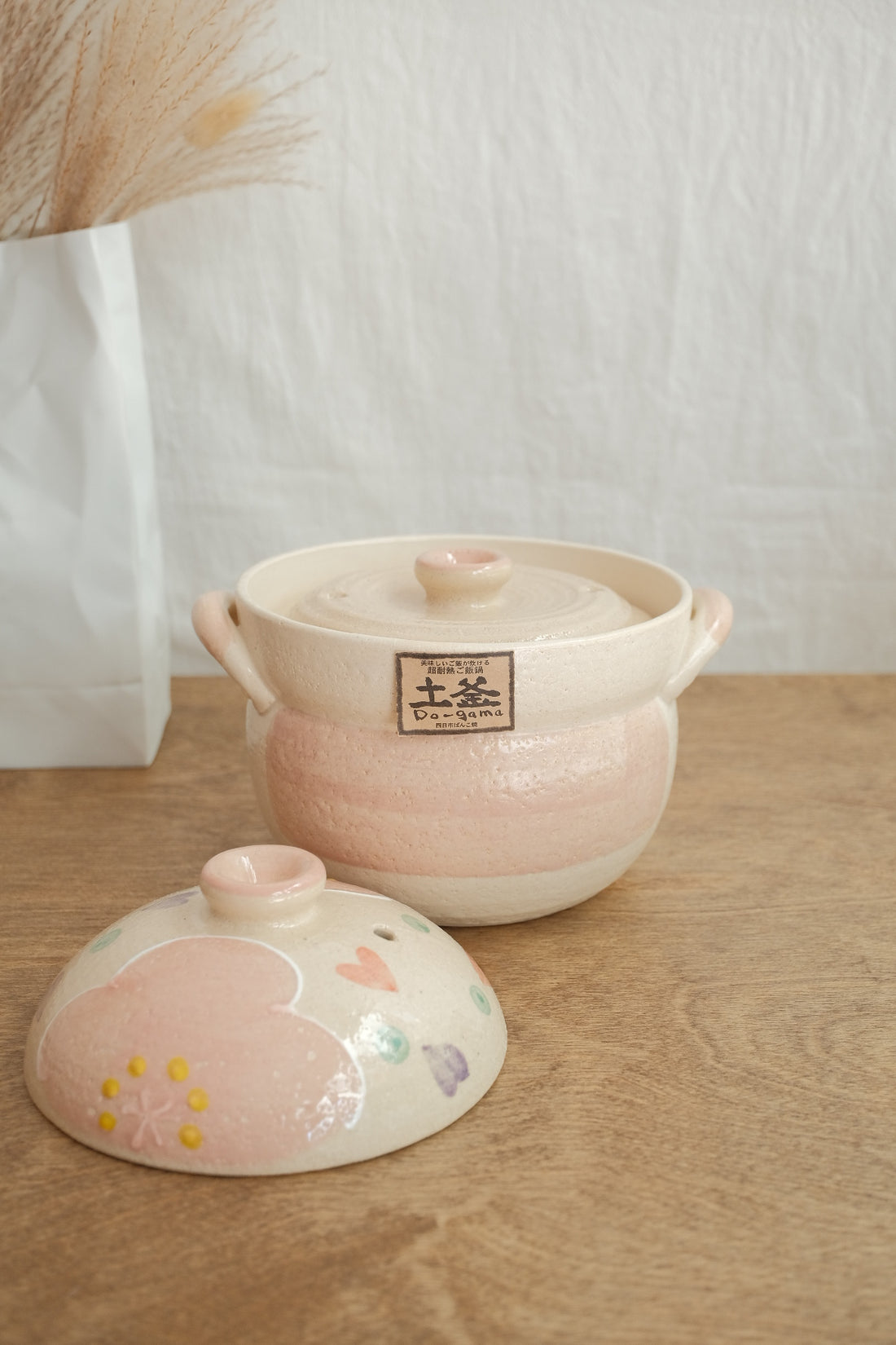 Donabe Banko Ware Double Lids Pink Flower Clay Pot 1.1L