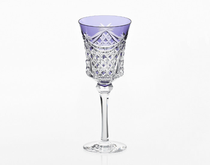 Kagami Crystal - Wine Glass, Edo Kiriko “Drape & Tetragonal Basket Weave” - Purple
