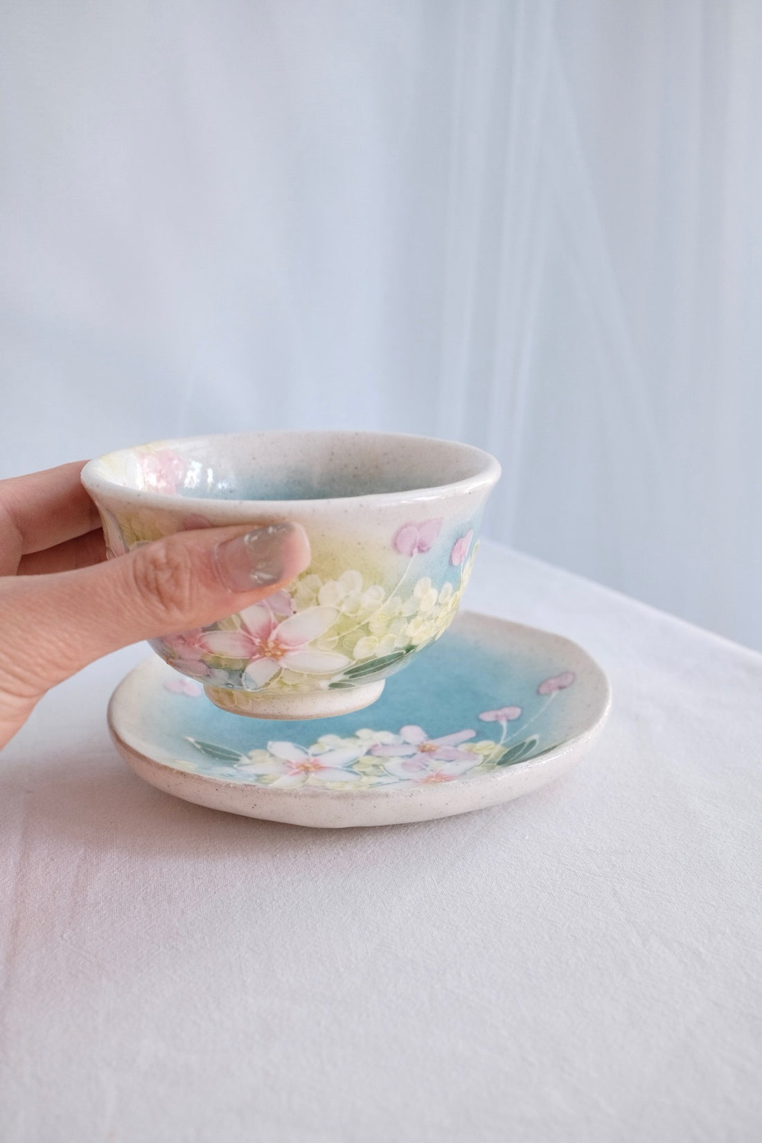 Seto Ware Flower Tea cup with Saucer - Green