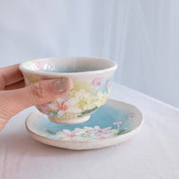 Seto Ware Flower Tea cup with Saucer - Green