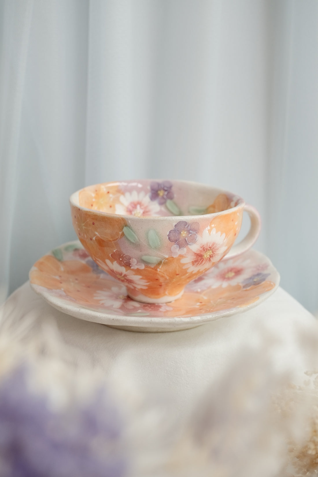 Seto Ware Flower Coffee Cup With Saucer