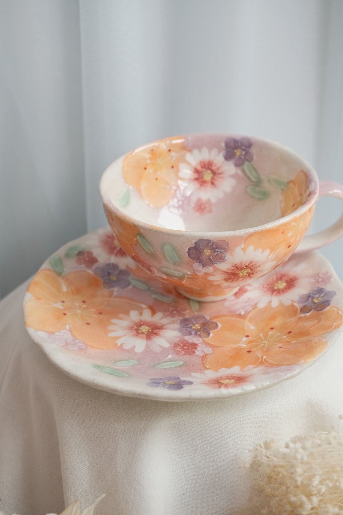 Seto Ware Flower Coffee Cup With Saucer