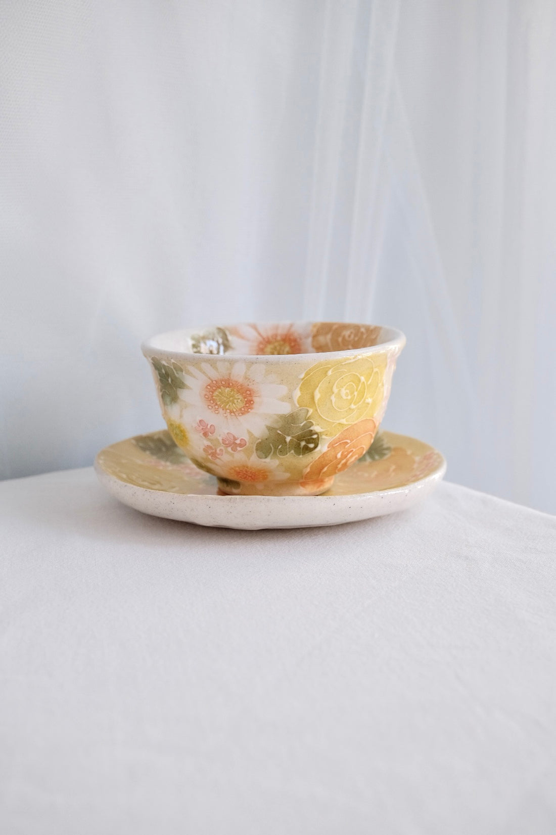 Seto Ware Flower Teapot and Tea cup with Saucer -Yellow