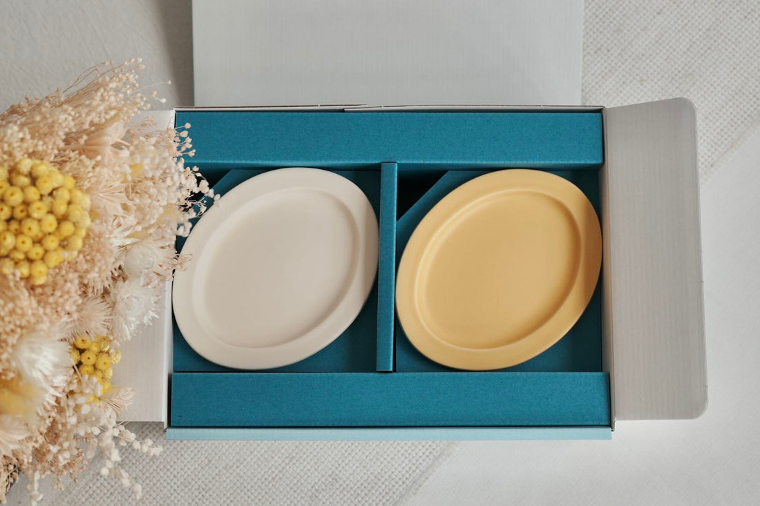 SAKUZAN Sara Gift B Set (2 Rice Bowls & 2 Small Oval Plates) - Cream x Yellow