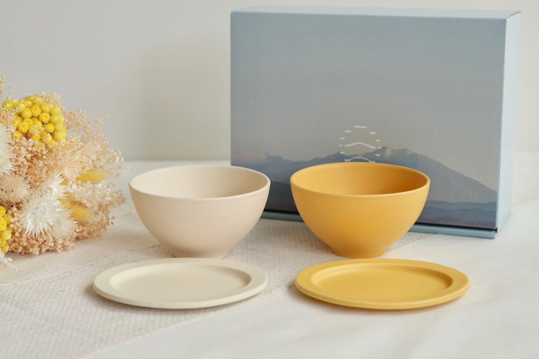 SAKUZAN Sara Gift B Set (2 Rice Bowls & 2 Small Oval Plates) - Cream x Yellow