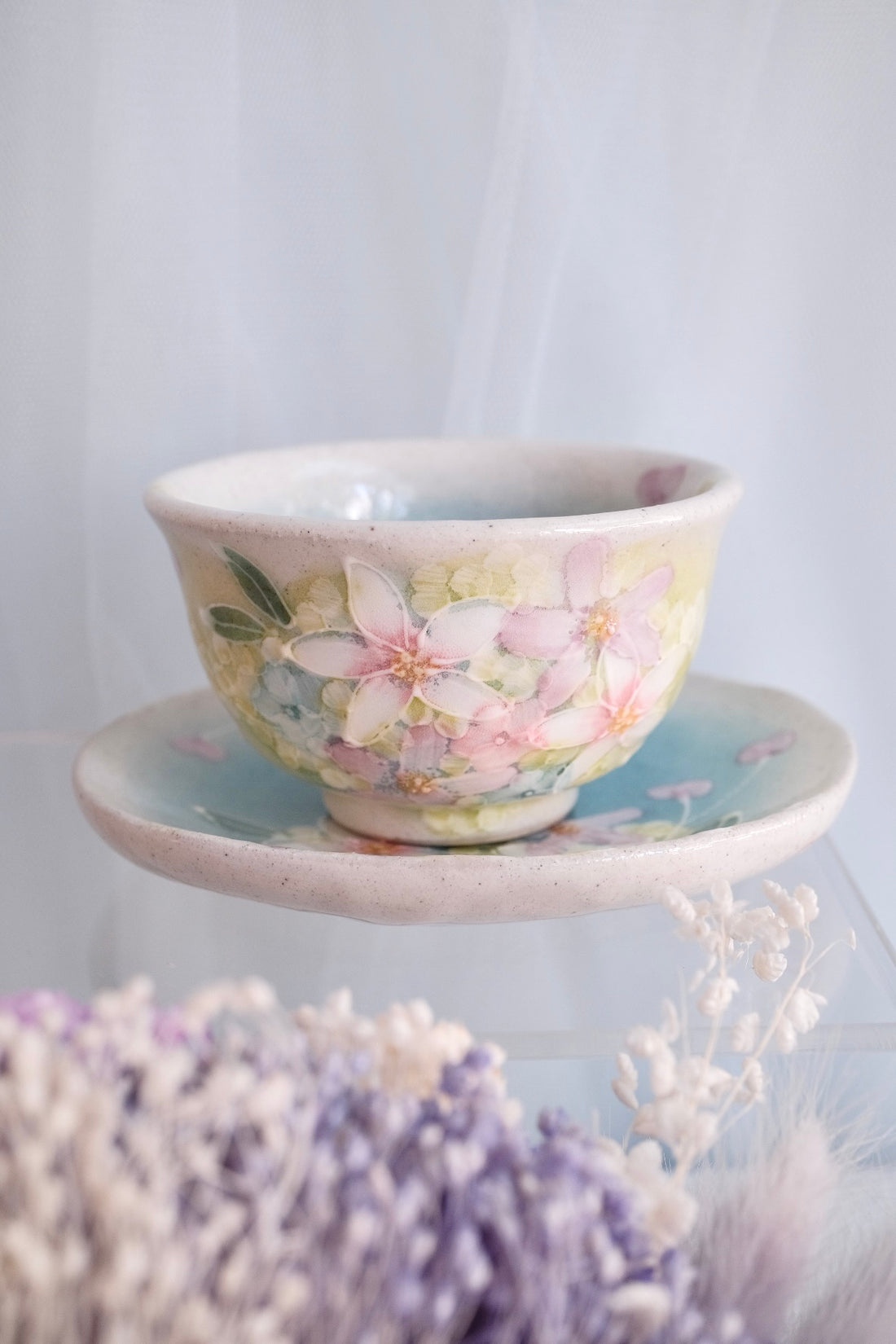 Seto Ware Flower Tea cup with Saucer - Green