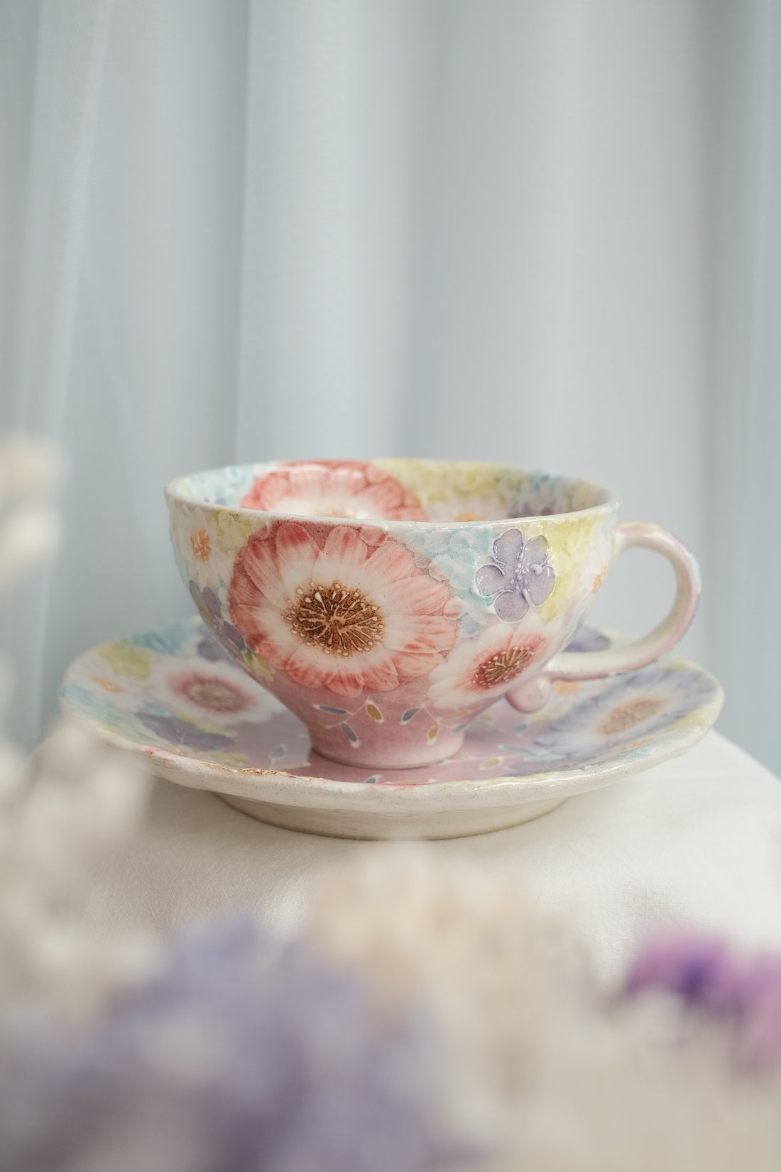 Seto Ware Flower Coffee Cup With Saucer