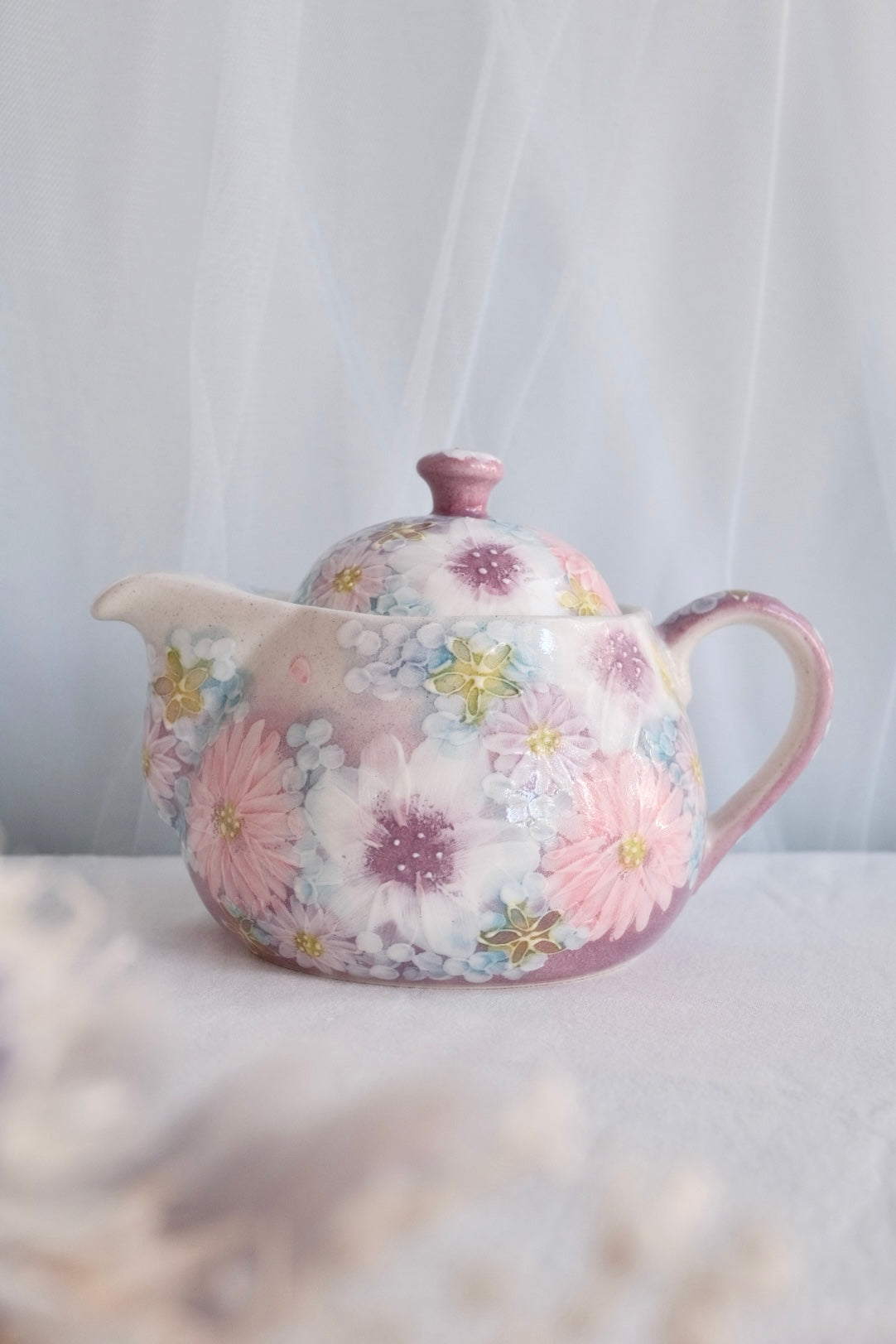 Seto Ware Flower Teapot and Tea cup with Saucer - Purple