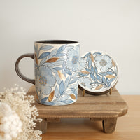 Cool Banana Black Pottery with Gold Detailing Blue Flower Tall Mug with Lid