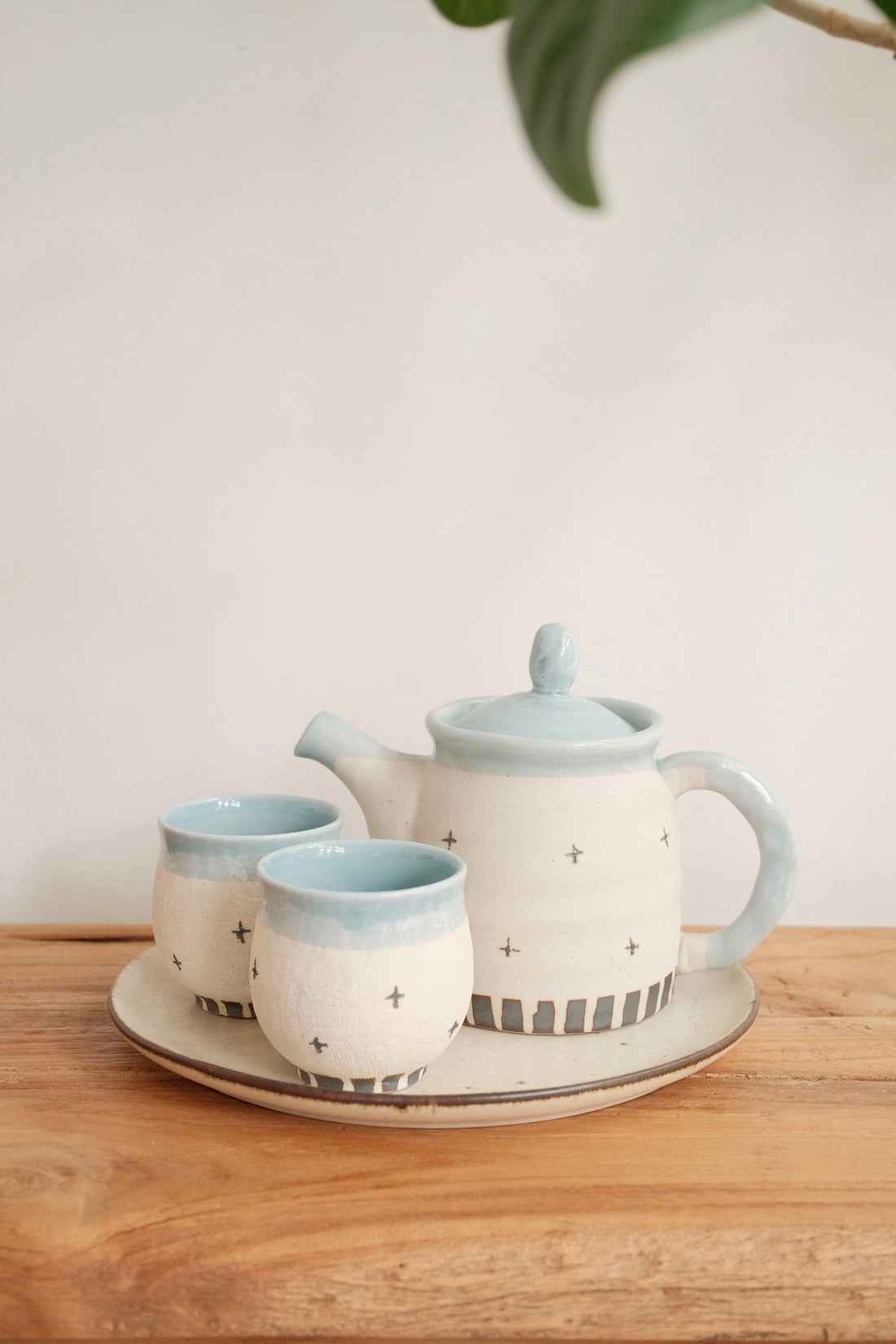 Mino Ware Coarse Pottery Teapot and Tea cup - Light Blue