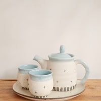 Mino Ware Coarse Pottery Teapot and Tea cup - Light Blue