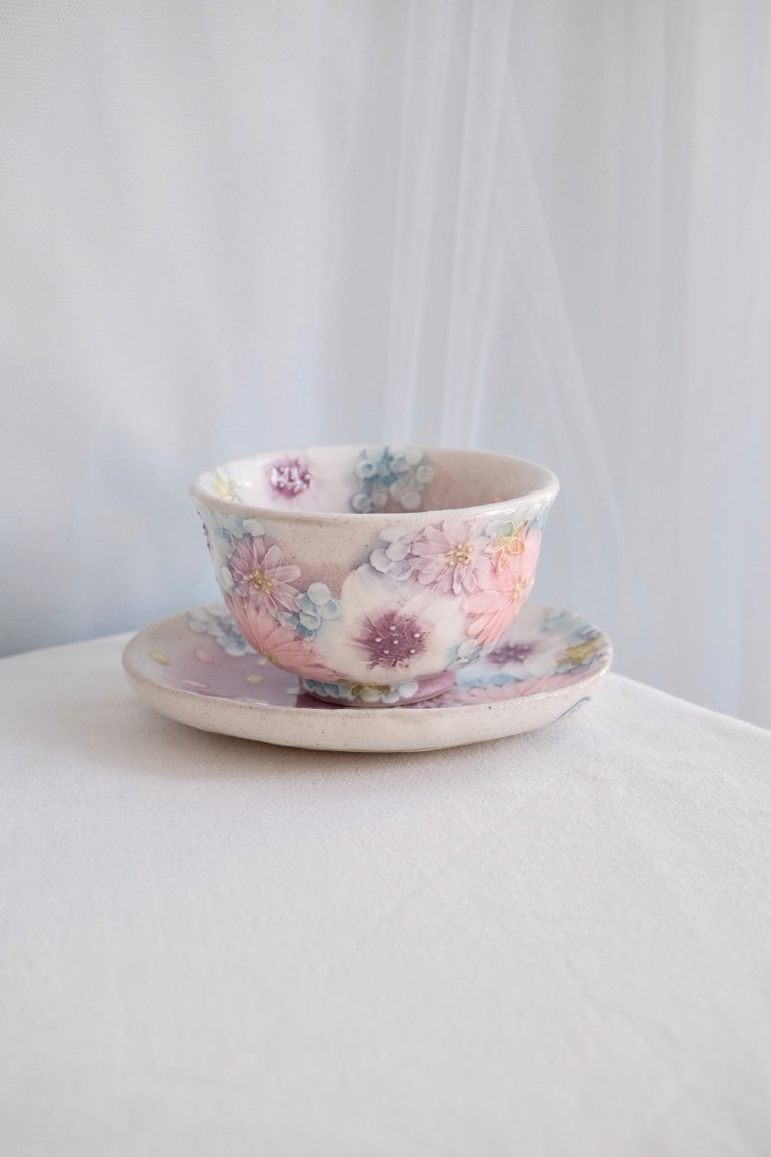 Seto Ware Flower Teapot and Tea cup with Saucer - Purple