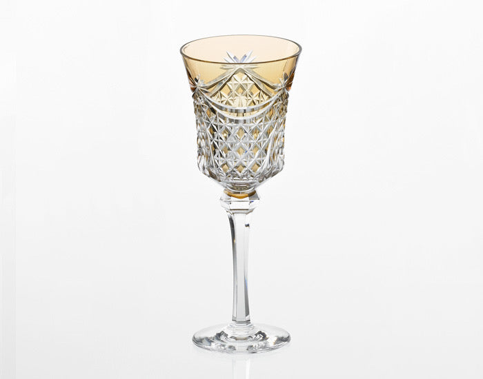 Kagami Crystal - Wine Glass, Edo Kiriko “Drape & Tetragonal Basket Weave” - Yellow