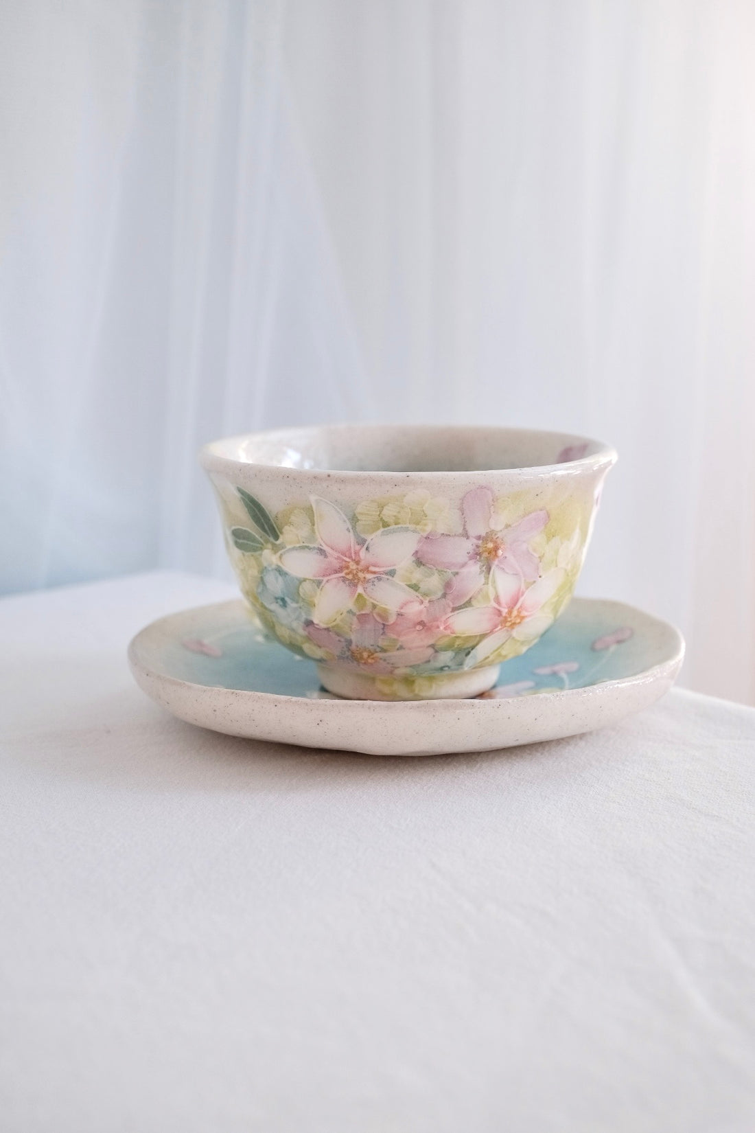 Seto Ware Flower Tea cup with Saucer - Green