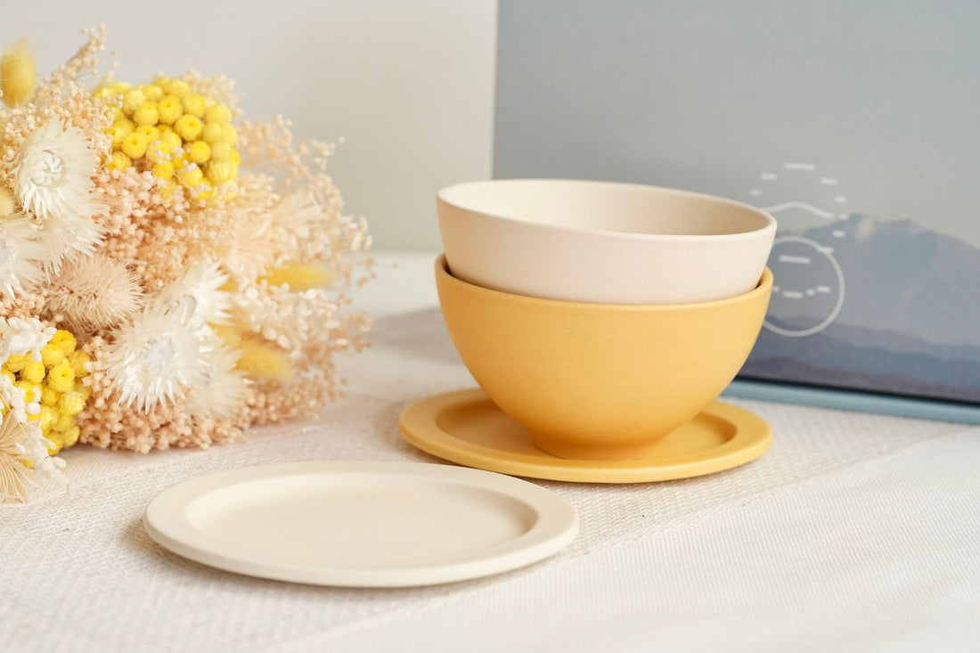 SAKUZAN Sara Gift B Set (2 Rice Bowls & 2 Small Oval Plates) - Cream x Yellow