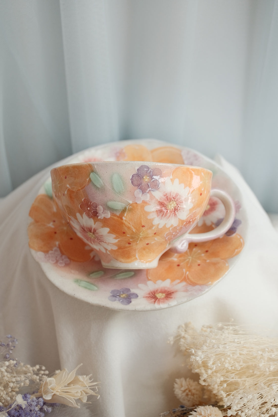 Seto Ware Flower Coffee Cup With Saucer