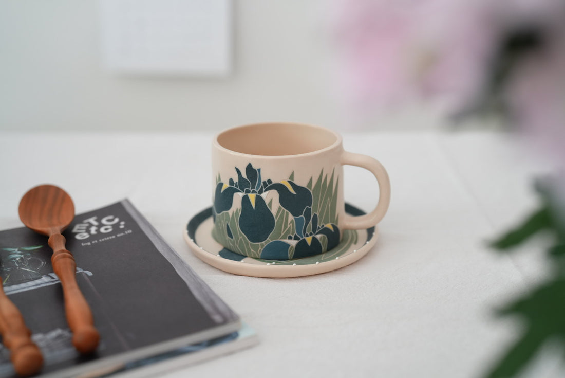 Shirogarasu Studio Blue Iris Mug with Saucer