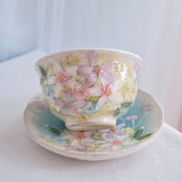 Seto Ware Flower Tea cup with Saucer - Green