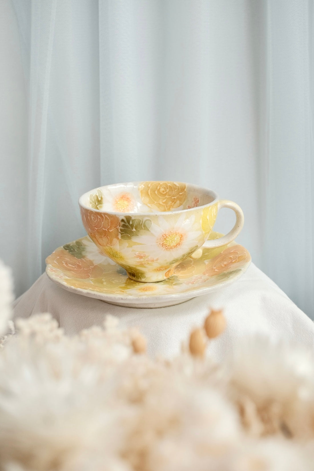 Seto Ware Flower Coffee Cup With Saucer