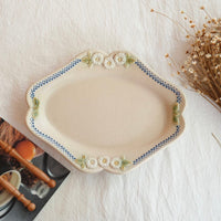 谷口なづみ Blue Flower Embossed Ceramic Oval Plate