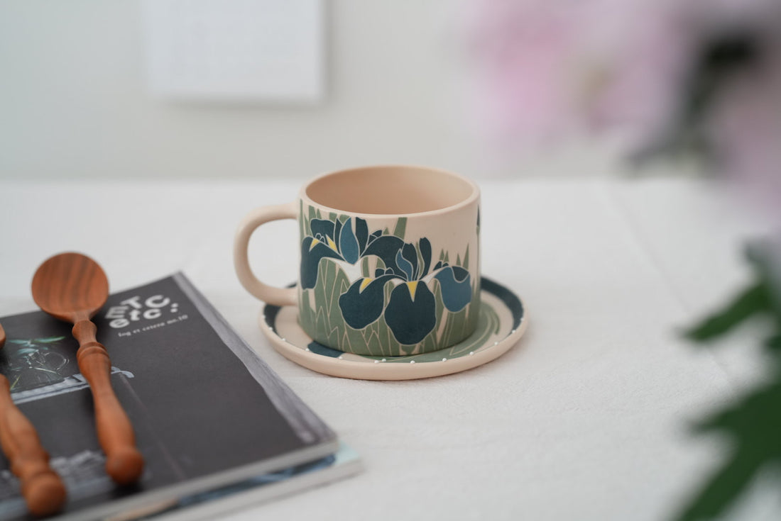 Shirogarasu Studio Blue Iris Mug with Saucer