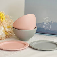 SAKUZAN Sara Gift B Set (2 Rice Bowls & 2 Small Oval Plates) - Pink x Gray
