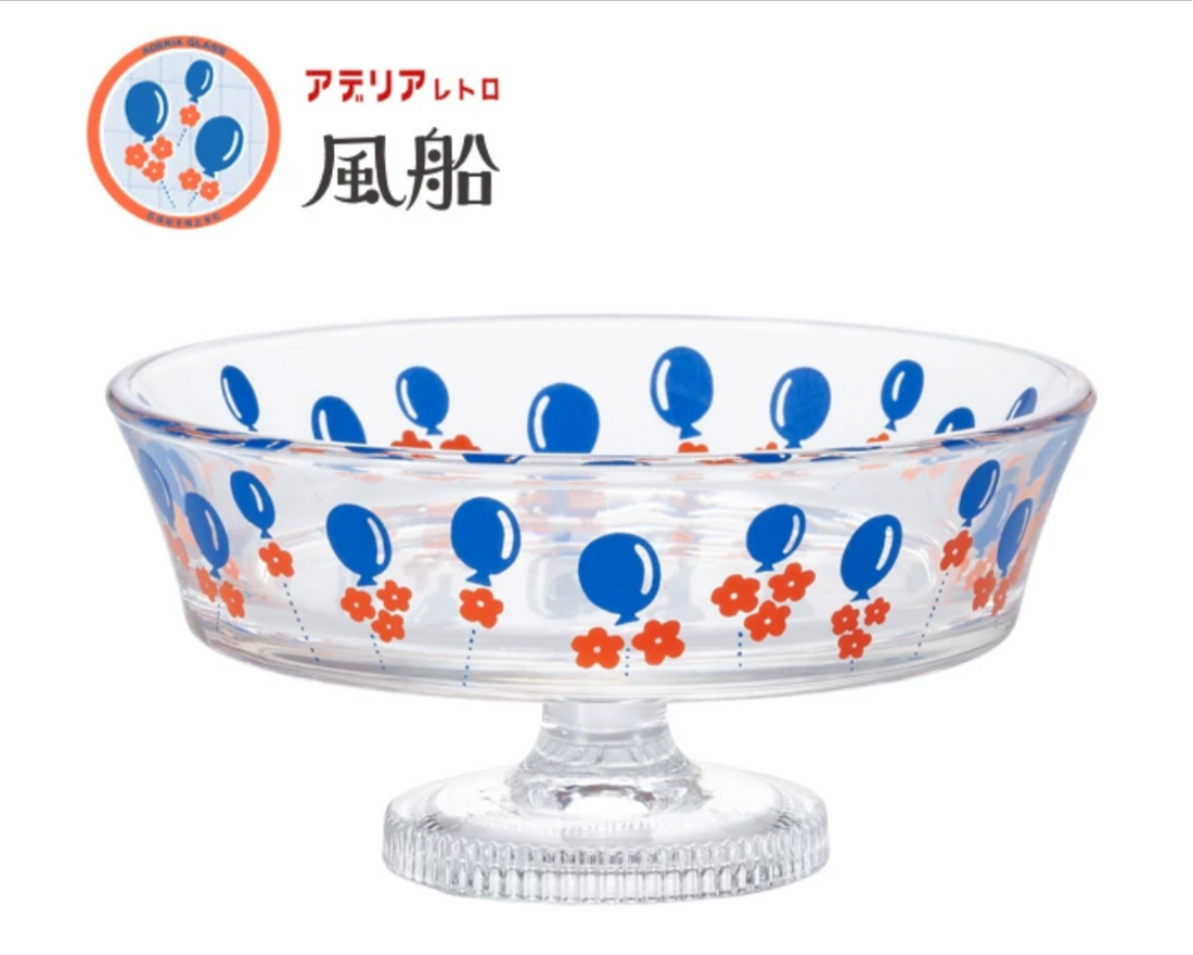 Aderai Glass Retro Pedestal Shallow Dessert Bowl - Blue Balloon