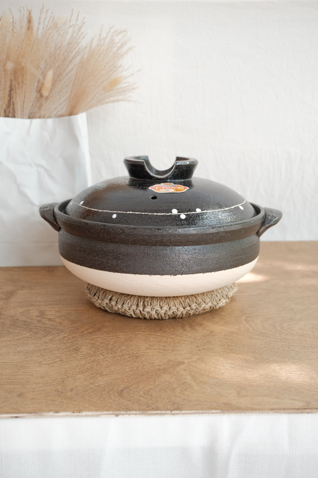 Banko ware Donabe Clay Pot Black Glaze Line Pattern Deep Pot