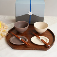 SAKUZAN Sara Gift B Set (2 Rice Bowls & 2 Small Oval Plates) - Cream x Brown