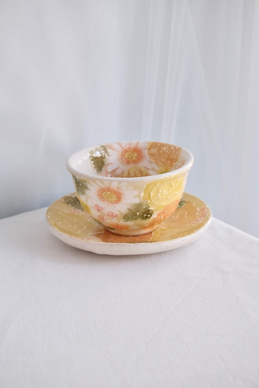 Seto Ware Flower Teapot and Tea cup with Saucer -Yellow