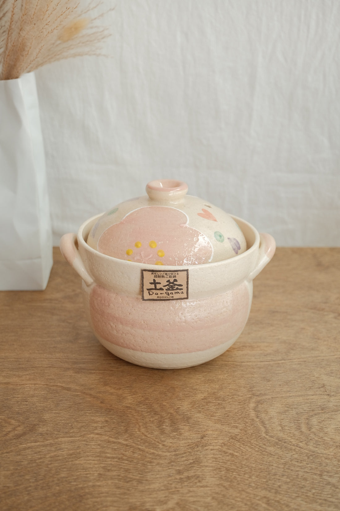 Donabe Banko Ware Double Lids Pink Flower Clay Pot 1.1L