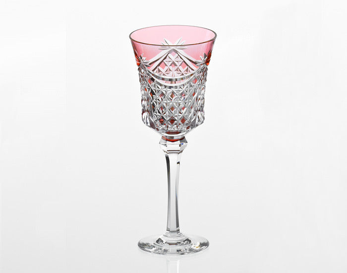 Kagami Crystal - Wine Glass, Edo Kiriko “Drape & Tetragonal Basket Weave” - Red