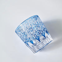 Edo Kiriko Whisky Glass Rock Glass "Large Chrysanthemum" Blue by Junichi Nabetani, Master of traditional crafts