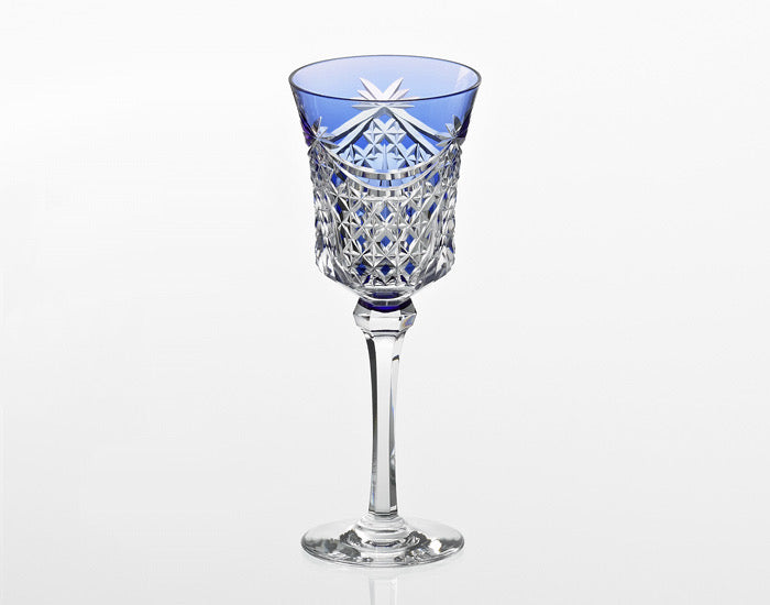 Kagami Crystal - Wine Glass, Edo Kiriko “Drape & Tetragonal Basket Weave” - Blue