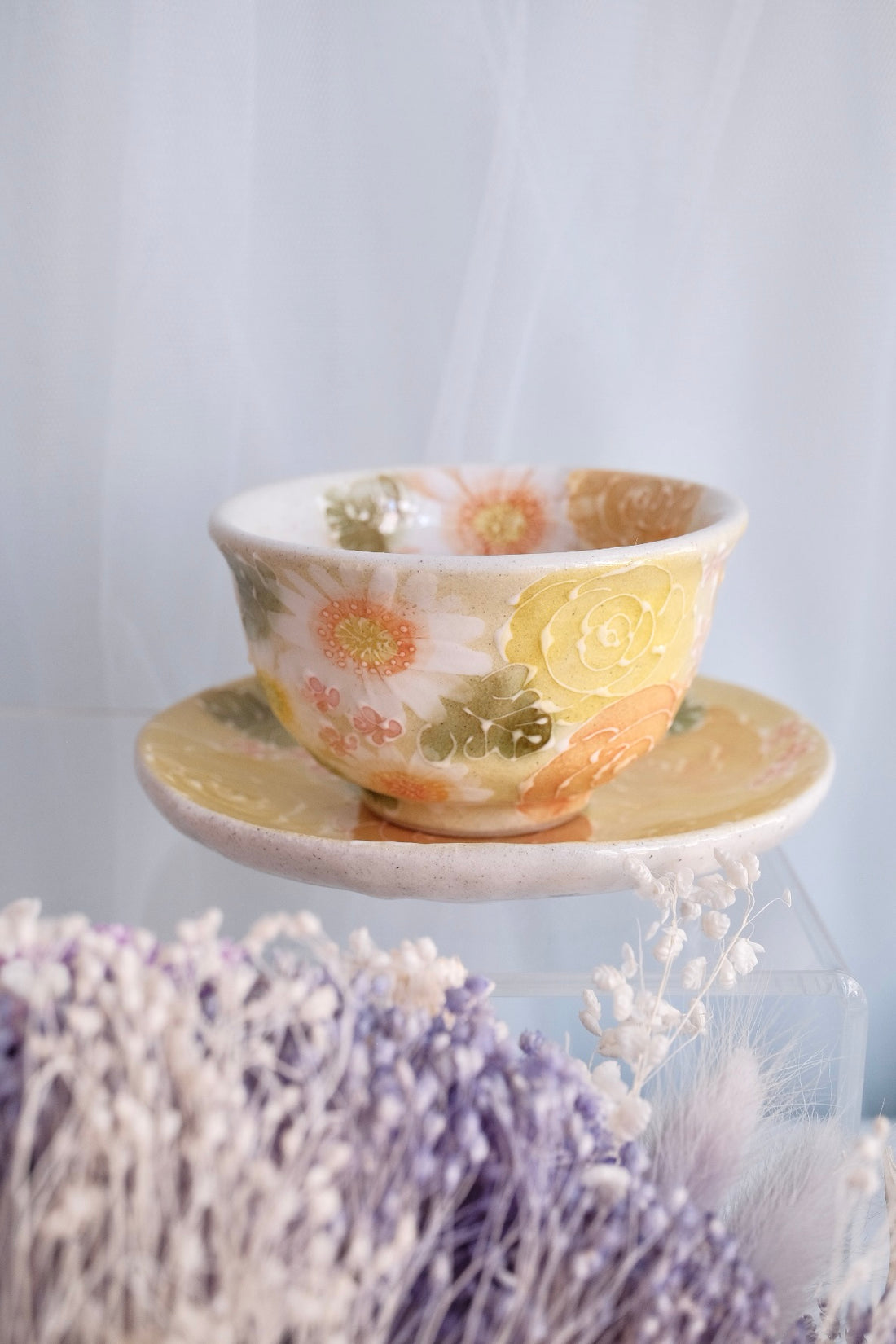 Seto Ware Flower Teapot and Tea cup with Saucer -Yellow