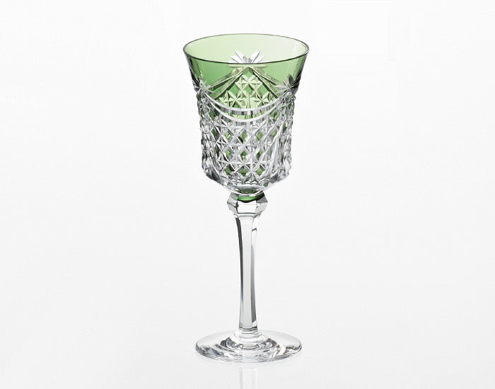 Kagami Crystal - Wine Glass, Edo Kiriko “Drape & Tetragonal Basket Weave” - Green