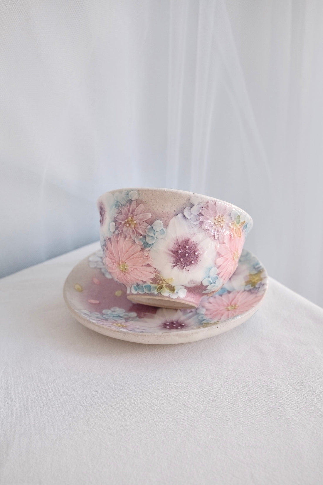 Seto Ware Flower Teapot and Tea cup with Saucer - Purple