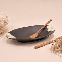 Kei Mitsumochi ミツ持啓 Oval Plate - Black Flower KM09