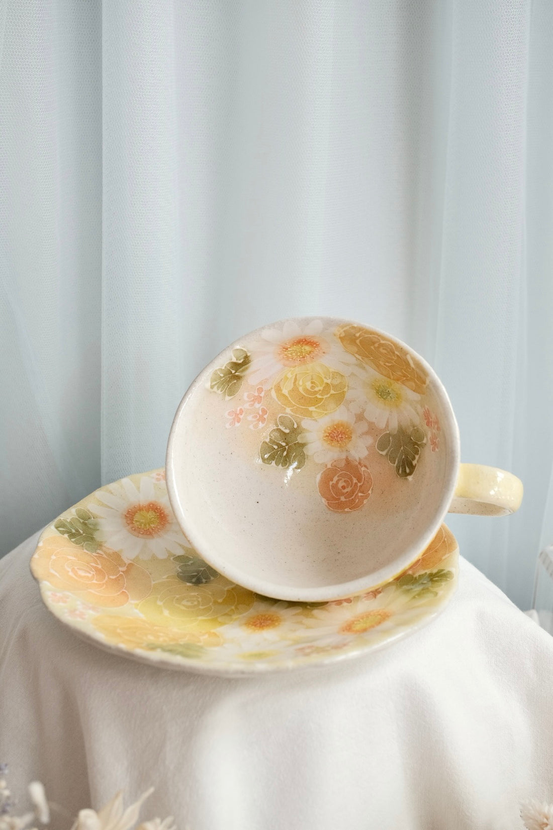 Seto Ware Flower Coffee Cup With Saucer