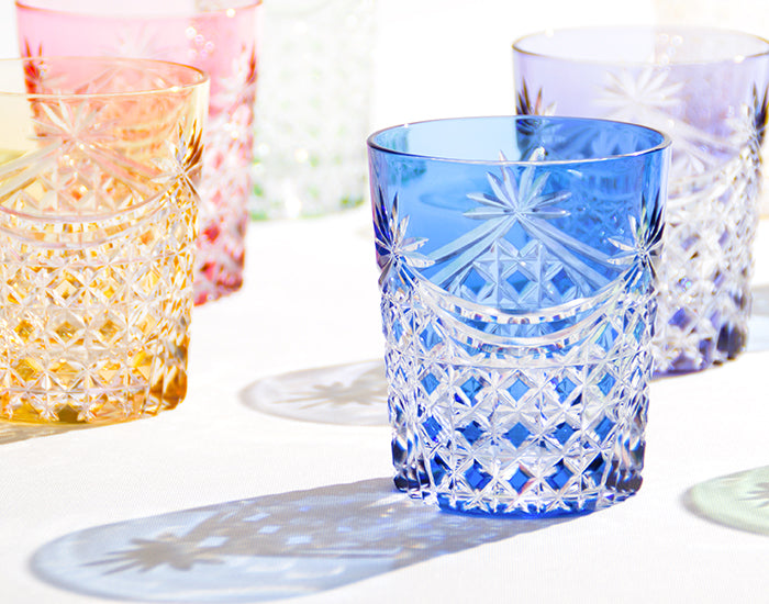 Kagami Crystal - Whiskey Glass, Edo Kiriko Set of 5 Whiskey Glasses “Drape & Tetragonal Basket Weave”