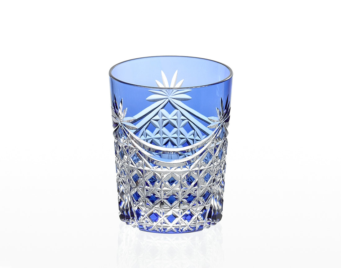 Kagami Crystal - Whiskey Glass, Edo Kiriko “Drape & Tetragonal Basket Weave” - Blue