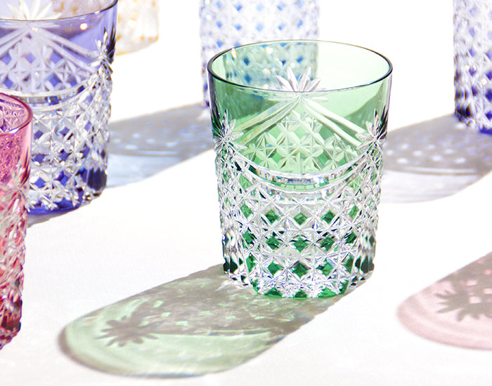 Kagami Crystal - Whiskey Glass, Edo Kiriko Set of 5 Whiskey Glasses “Drape & Tetragonal Basket Weave”