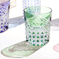 Kagami Crystal - Whiskey Glass, Edo Kiriko “Drape & Tetragonal Basket Weave” - Green
