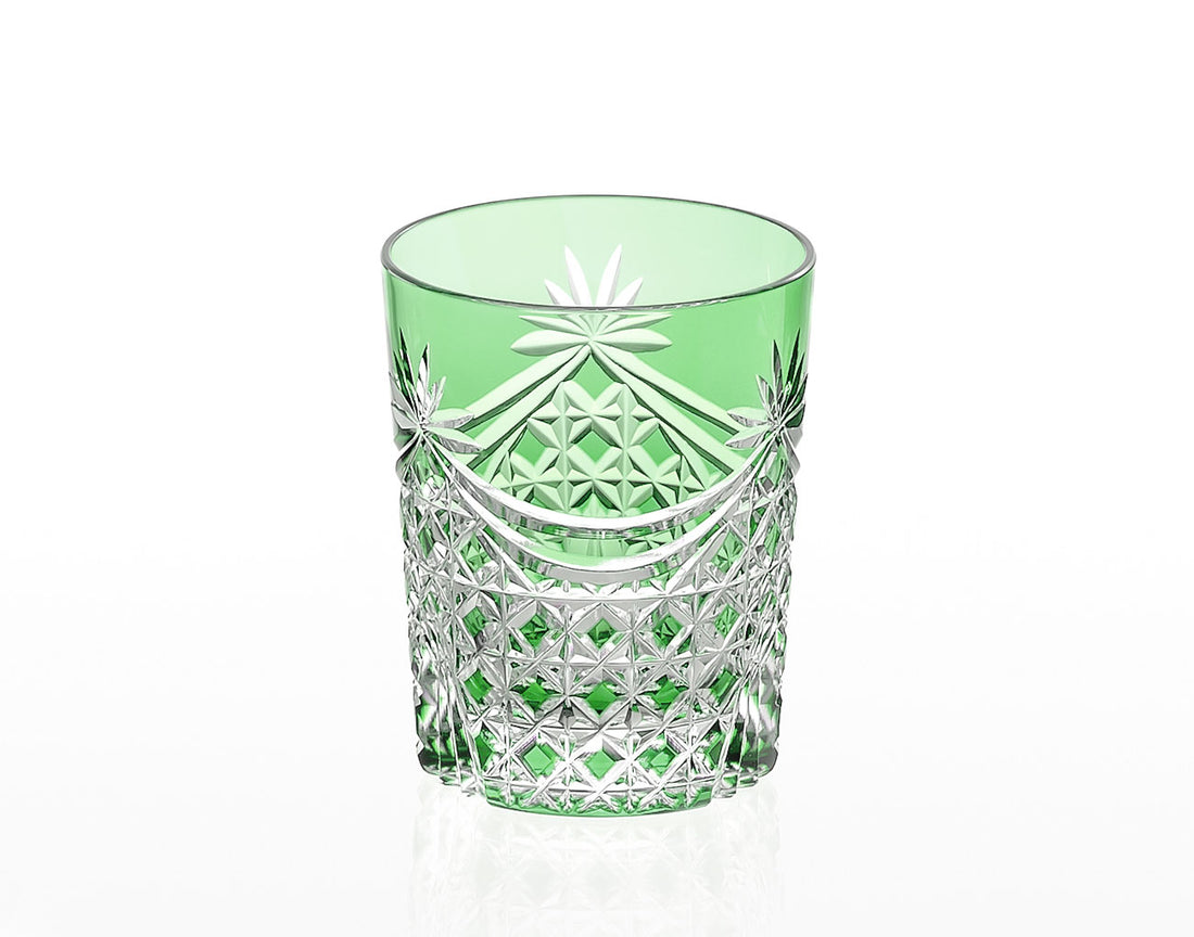Kagami Crystal - Whiskey Glass, Edo Kiriko “Drape & Tetragonal Basket Weave” - Green