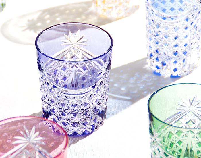 Kagami Crystal - Whiskey Glass, Edo Kiriko Set of 5 Whiskey Glasses “Drape & Tetragonal Basket Weave”
