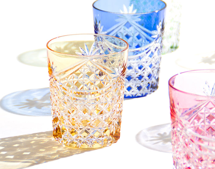 Kagami Crystal - Whiskey Glass, Edo Kiriko Set of 5 Whiskey Glasses “Drape & Tetragonal Basket Weave”